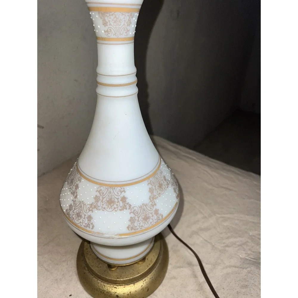 Vintage Leviton Porcelain Lamp Brass Patina White Gold Floral Glamour Style